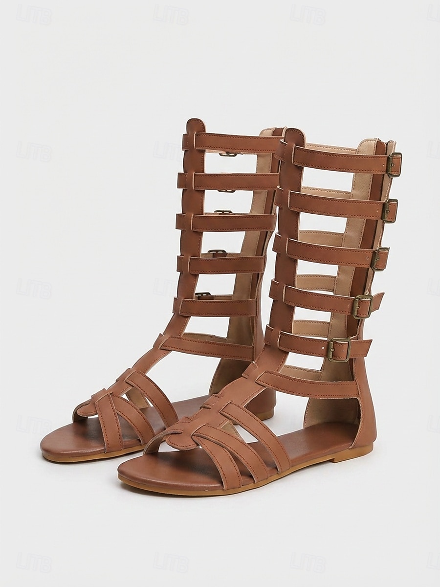 Sandale gladiator pentru femei până la genunchi – sandale romane plate cu barete și cataramă multiplă, pantofi de vară boho pentru vacanțe în aer liber, călătorii și stațiuni pe plajă 2026 - $32.99 –P2