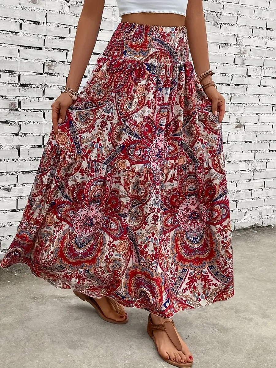 Mujer Falda de vacaciones Bohemia Vintage Casual Maxi Alta cintura Faldas Cachemir Estampado Elástico Diario Calle Negro Vino Rojo Naranja Verano 2026 - $26.99 –P4