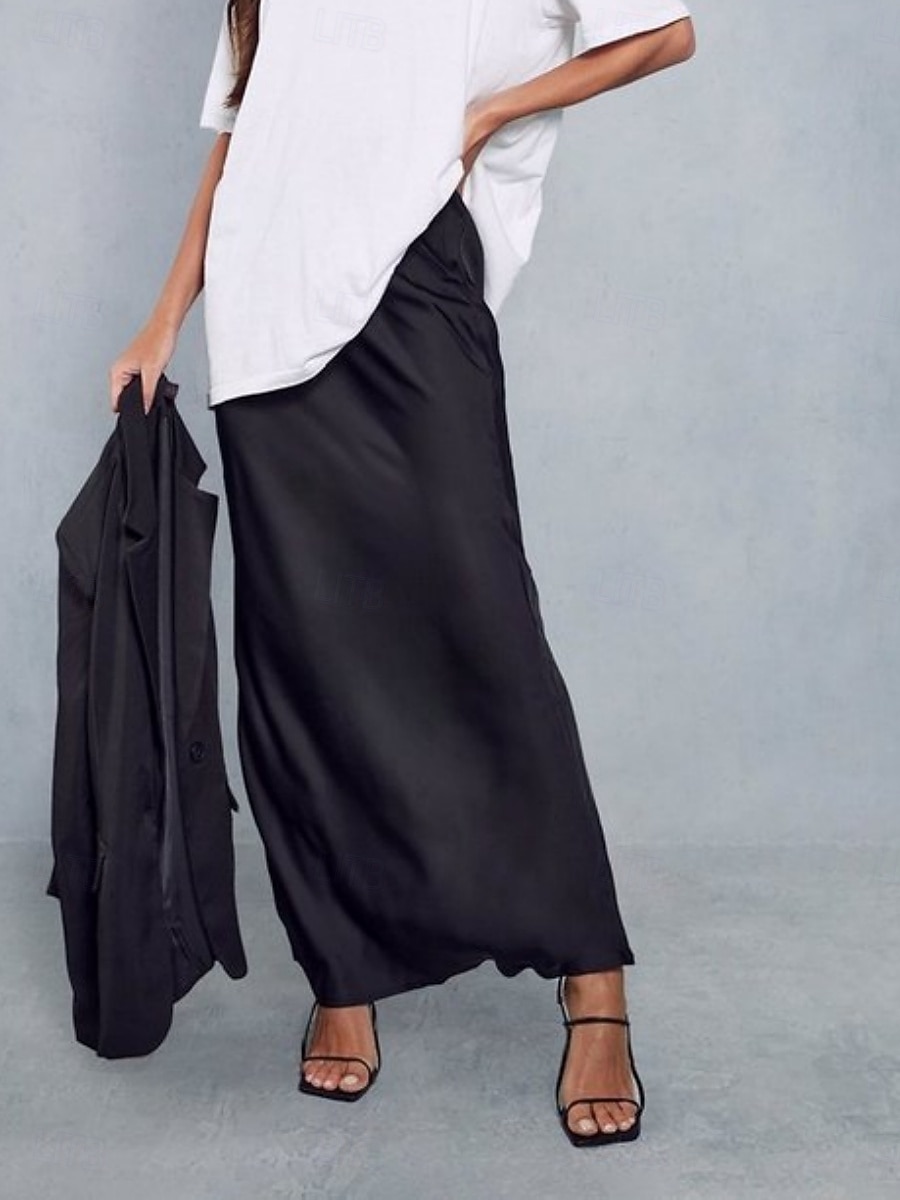 Per donna Gonne in raso Elegante Moda Maxi Vita Alta Gonne Semplice Coulisse Micro-elastico Feste Data Nero Blu marino Marrone chiaro Marrone Estate del 2026 a $40.99 –P14
