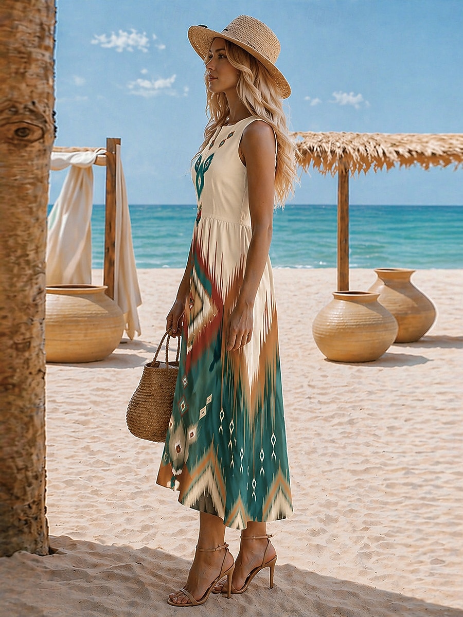 Per donna Abito Midi Abito Estivo Vacanza Spiaggia Vestibilità regolare Floreale Senza Maniche Scollo a V Blu Bianco Verde Estate Primavera del 2026 a $62.99 –P3