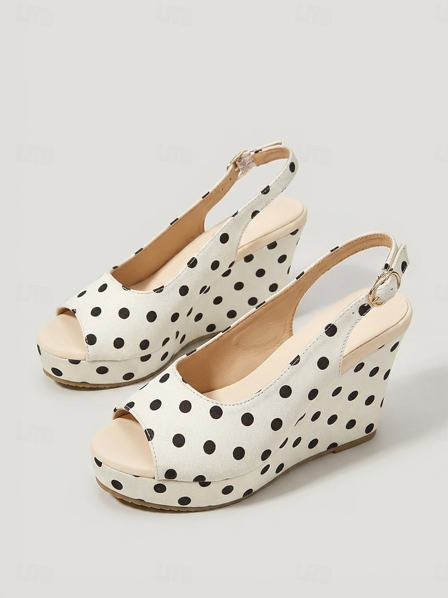 Women's Retro Polka Dot Wedge Sandals - Elegant White & Black Peep Toe Platform Heels with Slingback for Luxury Cruise Vacations, Deck Parties & Summer Resort Wear 2026 - $34.99 –P3