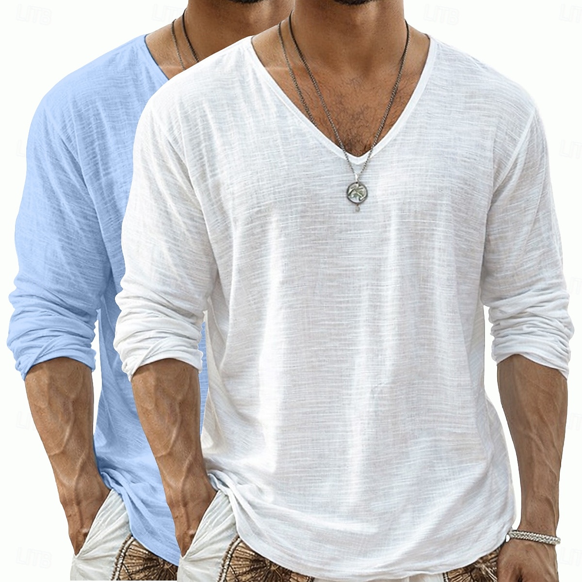 2 st herrtröja i linne med lång ärm, v-ringning, sommar, vår, vår &sommar enfärgad enfärgad daglig avslappnad gatustil 2-delad enfärgad flerpack avslappnad utomhus gatustil rosa lila rosa grön topp 2026 - $34.99 –P2