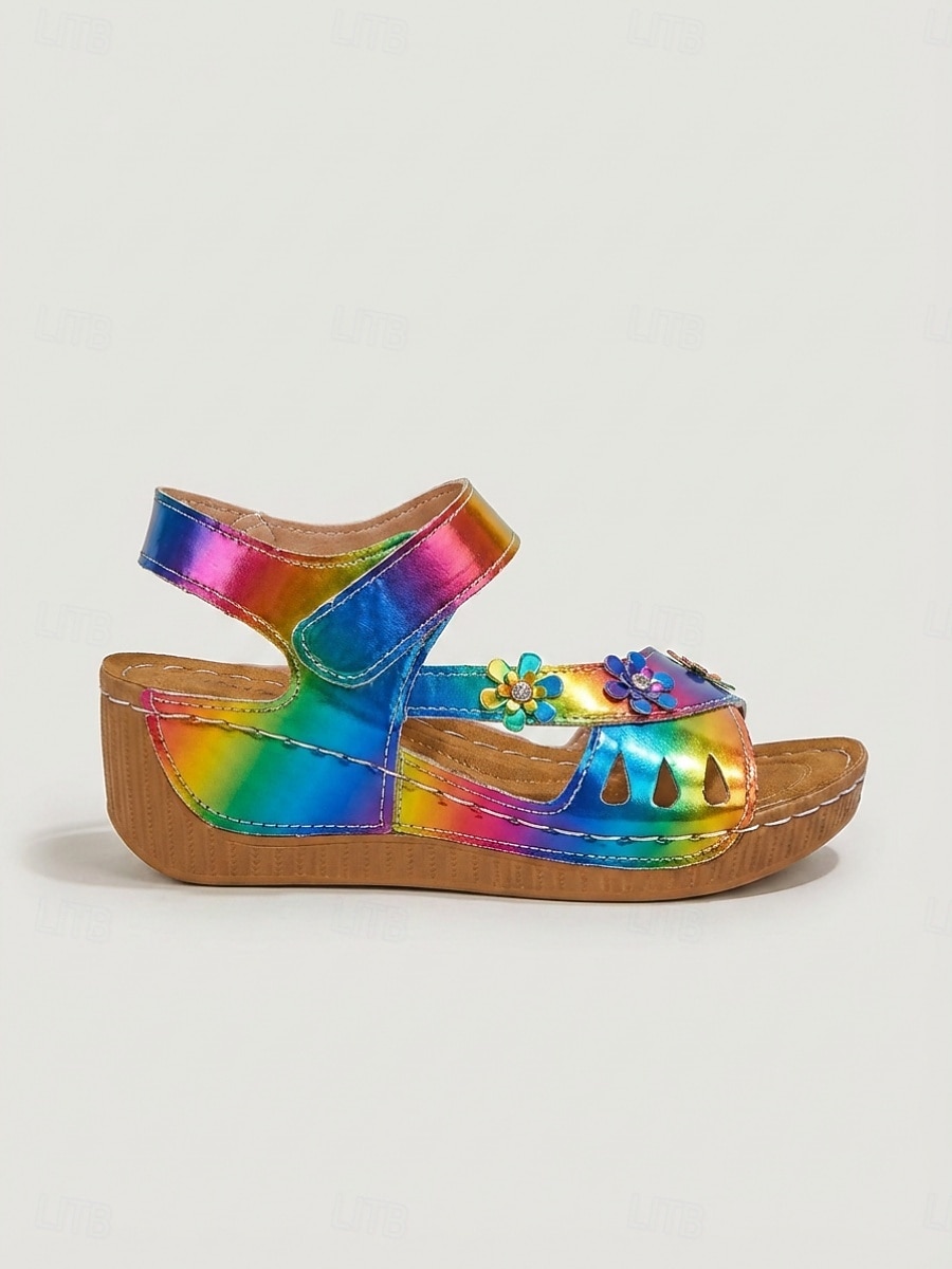 Sandali con zeppa casual colorati da donna – scarpe estive decorate con fiori, sandali aperti con velcro regolabili per feste in giardino e viaggi &abbigliamento quotidiano del 2026 a $26.99 –P5