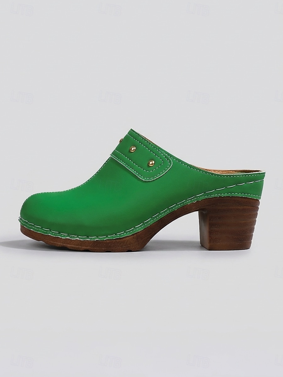 grønne dame-tøfler med blokkhæl – komfortable slip-on-sko i imitert skinn med nagler &håndsydde detaljer, lukkede sko for jobb og reise &daglig bruk 2026 - $24.99 –P4