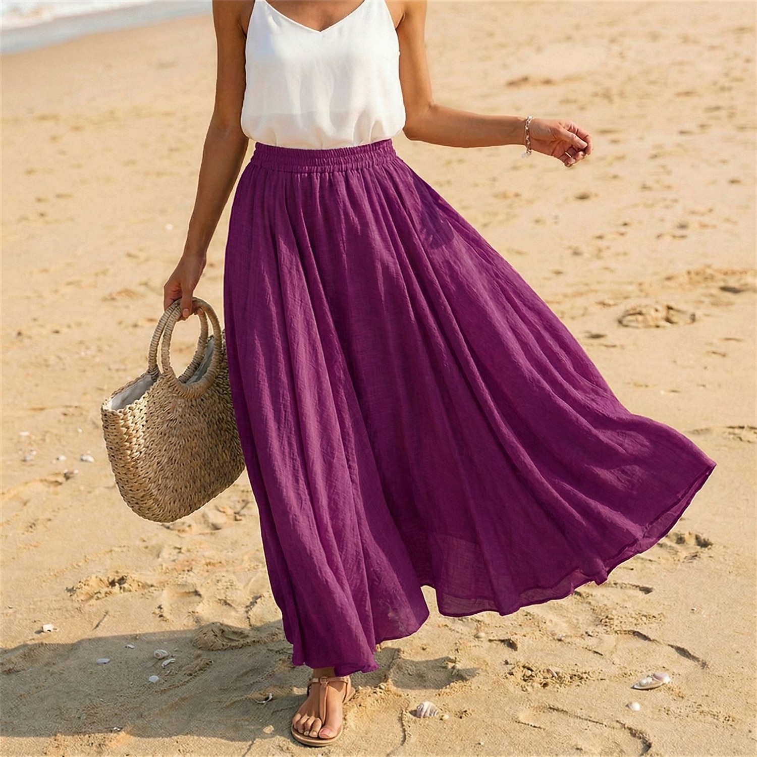 Women's Linen Blend Vacation Skirt Casual Maxi High Waist Skirts Holiday turmeric White Sky Blue Dark Green Summer 2026 - $27.99 –P16