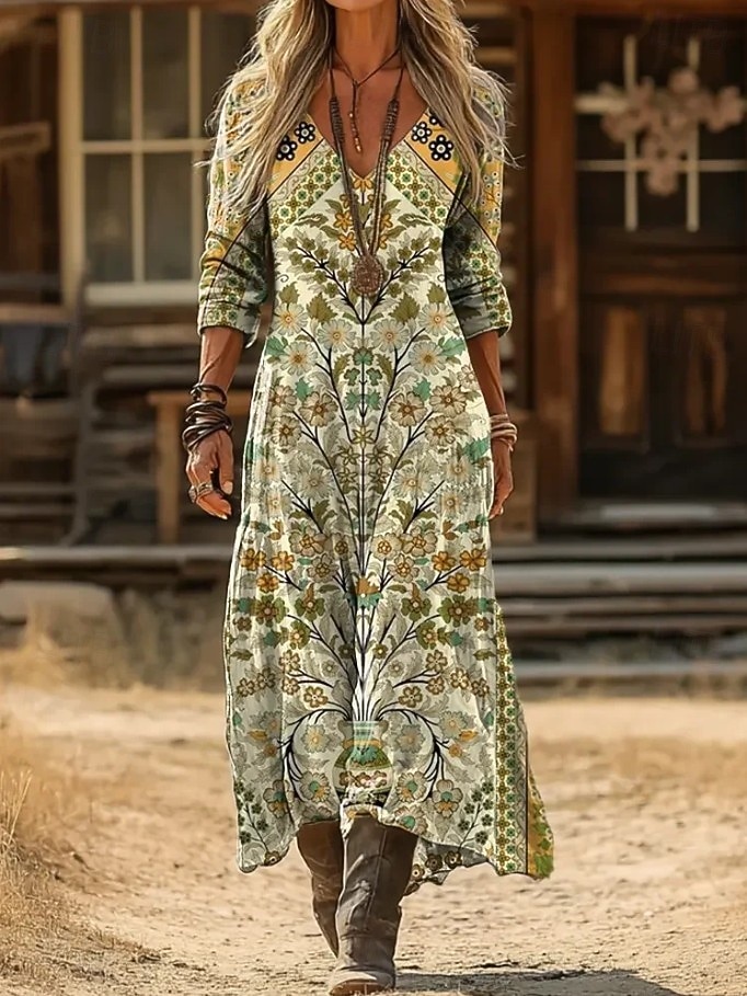 Damen Maxikleid Sommerkleid Urlaub Lässig Boho Täglich Normale Passform Blumen Grafik Paisley-Muster Langarm V Ausschnitt Schwarz Rote Grün Sommer Frühling 2026 - $37.99 –P2