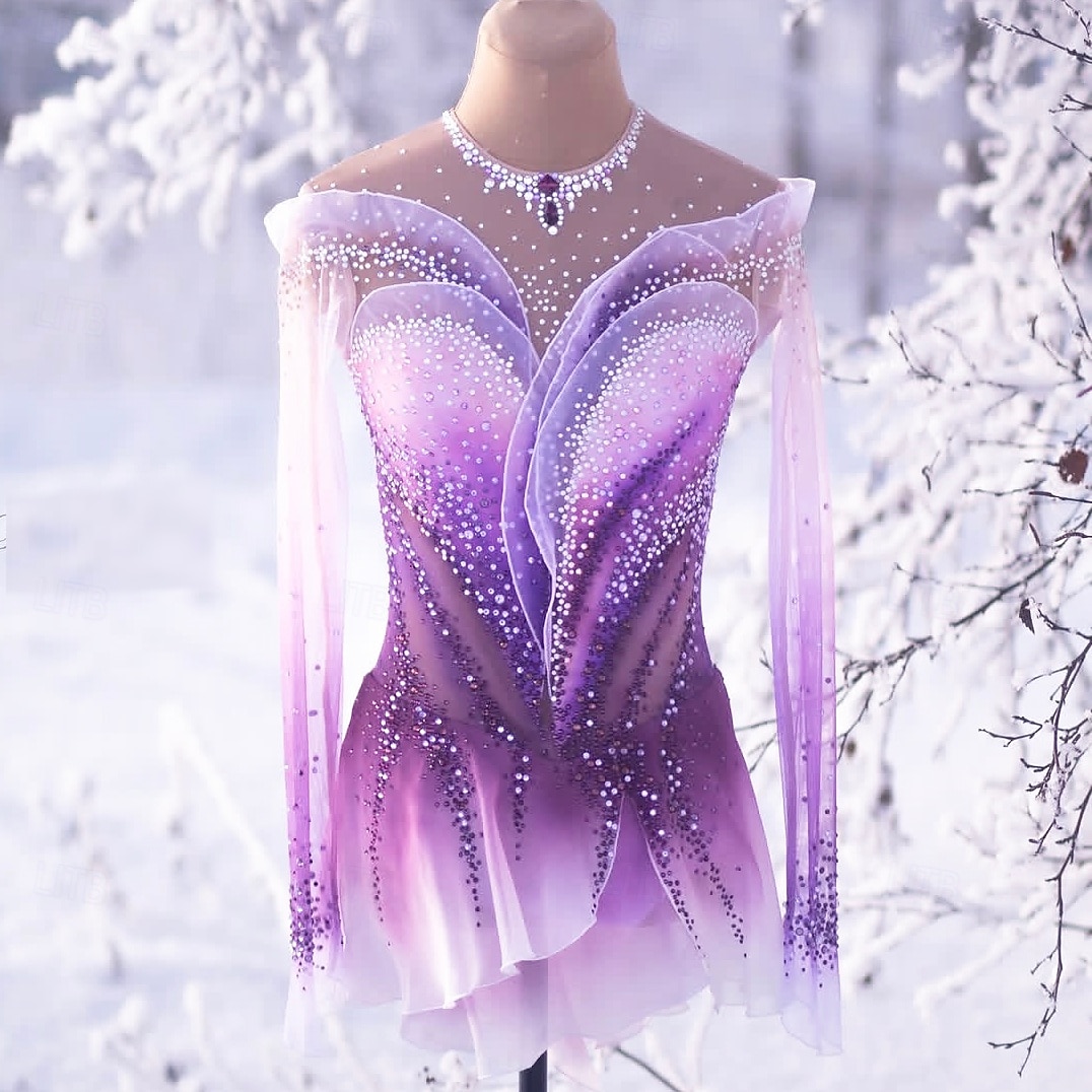 Vestido de patinaje artístico Mujer Patinaje Sobre Hielo Vestidos Morado Retazos Dedo Pulgar Elástico Entrenamiento Competición Ropa de Patinaje Clásico Cristal / Strass Manga Larga Patinaje sobre 2026 - $592.09 –P1