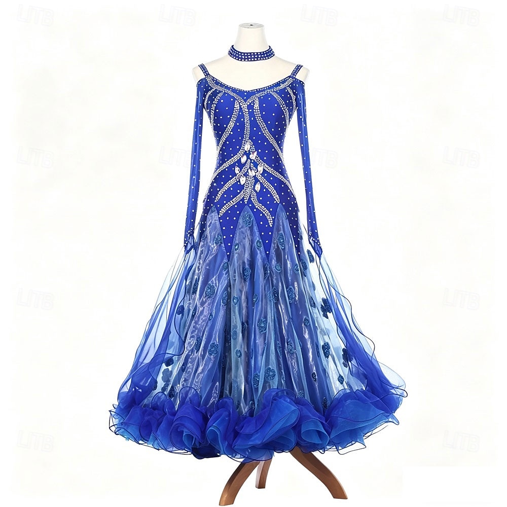 Ballroom Dance Dress Rhinestone Pleats Splicing Women's Party Training Performance Long Sleeve High Spandex Polyester 2026 - $704.49 –P1