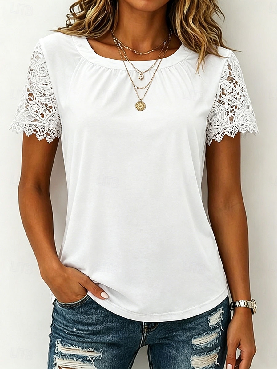 Women's Shirt Blouse Lace Tops Lace Plain Stylish Classic Modern Short Sleeve Crew Neck Regular Tops Daily Holiday Going out Blue Black White Pink Red Summer Spring 2026 - $8.99 –P1