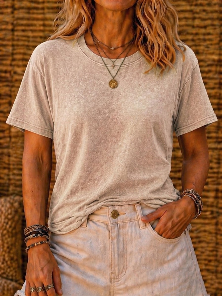 Camiseta softfade™ para mujer, 100% algodón, estilo vintage, con efecto desgastado, manga corta, cuello redondo, estilo casual, ideal para el día a día en la playa. Colores: rosa, rojo, azul, verde hierba, negro, naranja, verano y primavera. 2026 - $21.99 –P10