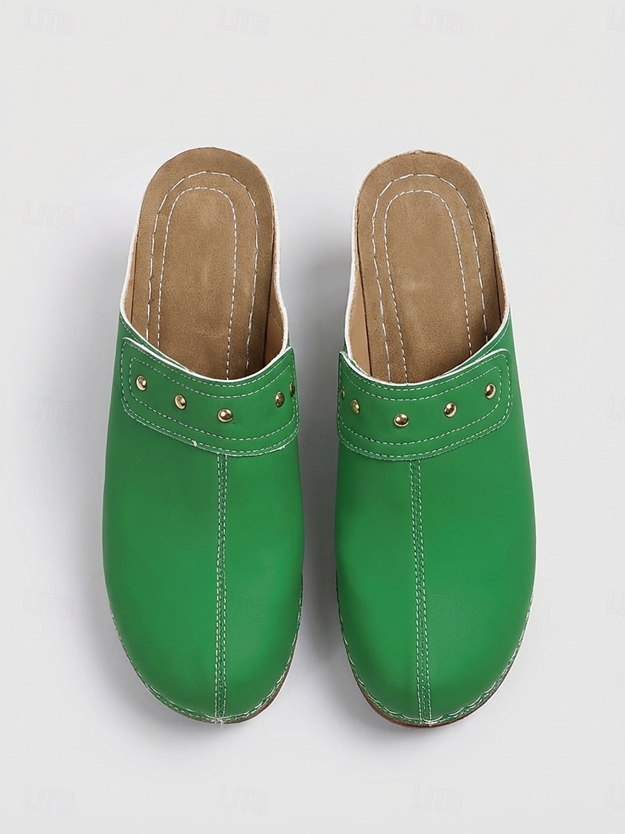 grønne dame-tøfler med blokkhæl – komfortable slip-on-sko i imitert skinn med nagler &håndsydde detaljer, lukkede sko for jobb og reise &daglig bruk 2026 - $24.99 –P5