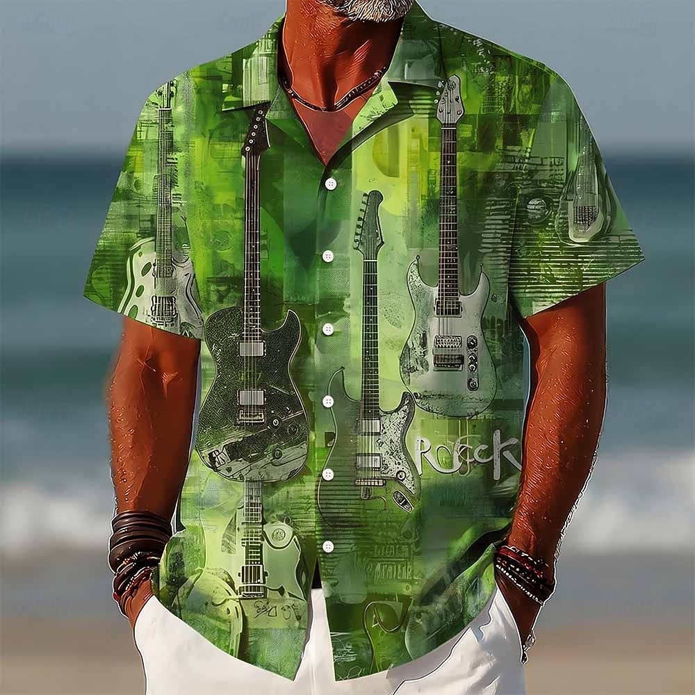 Voor heren Rots Gitaar Muziekinstrument Overhemd Overhemd met knopen Kampshirt Korte mouw Vintage Retro muziekfestival Feestdagen Zomer Lente Cubaanse kraag 3D-afdrukken blauw Oranje Groen 2026 - $25.99 –P3