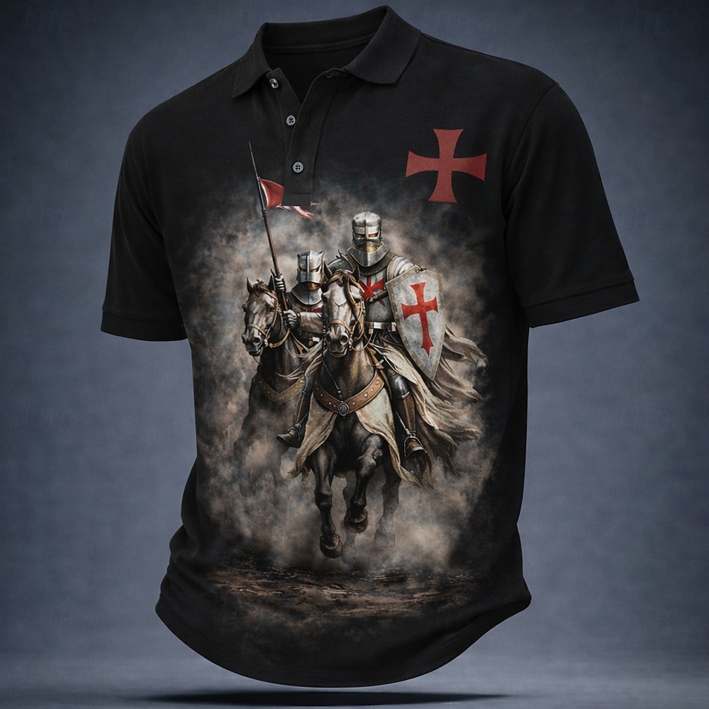 Męskie Templariusze Koszulki polo Krótki rękaw Koszulki polo Klapa Zabytkowe Codzienny Ulica Athleisure Dzienne zużycie Druk 3D Guziki Oddychająca siateczka Lato Wiosna Czarny Brązowy Zielony 2026 - $21.99 –P2