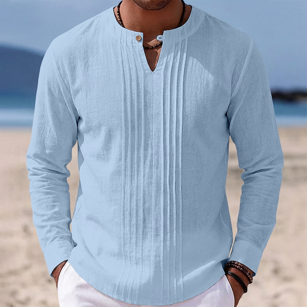 Férfi Ing Vászon ing Nyári póló Stranding Tömör szín Hétköznapi Vakáció Medence Fekete Fehér Khakizöld Hosszú ujj Mandarin gallér Nyár Tavasz Ruházat Fodrozott 2026 - $25.99 –P4