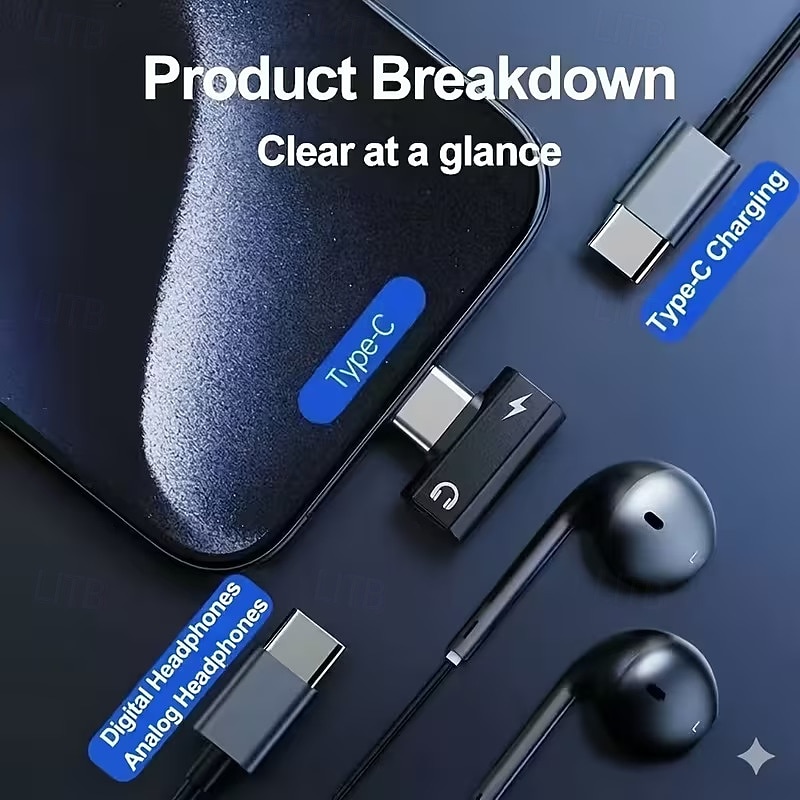 USB C to Dual USB C Adapter, 2 in 1 USB-C Headphone and Charger Adapter with DAC Chip Hi-Res Audio, PD Fast Charging Splitter Compatible with iPhone 17 Pro Max, iPad, Samsung Galaxy S26 Ultra Plus 2026 - $16.99 –P5
