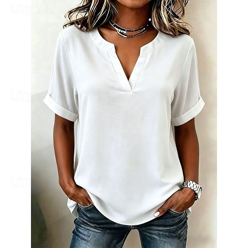 Mujer Blusa Color sólido Vintage Elegante Básico Manga Corta Escote en Pico Tops regulares Casual Diario Blanco Rosa Rojo Morado Verano Primavera 2026 - $26.99 –P5