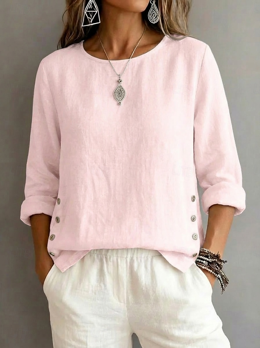 Per donna Blusa Arricciato Bottoni Semplice Vintage Elegante Manica Lunga Girocollo Top Regolari Quotidiano Ferie Uscire Blu Nero Bianco Giallo Rosa Estate Primavera del 2026 a $10.99 –P4