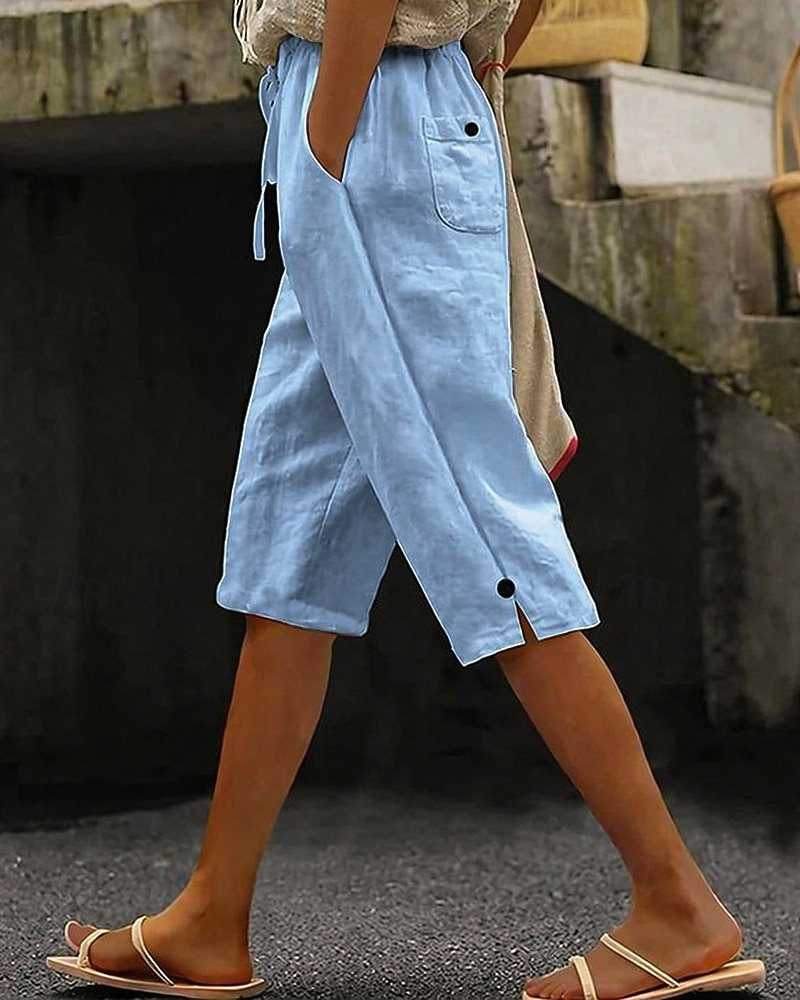 2026年 女性用 コットンリネンショートパンツ カプリパンツ スラックス サマーショーツ カジュアル ふくらはぎ丈 ナチュラルウエスト 平織り ポケット 弾性巾着デザイン 快適 屋外 アウトドア お出かけ ライトピンク オレンジレッド ホワイト ピンク 夏 レギュラー  コレクション – $24.99 –P3