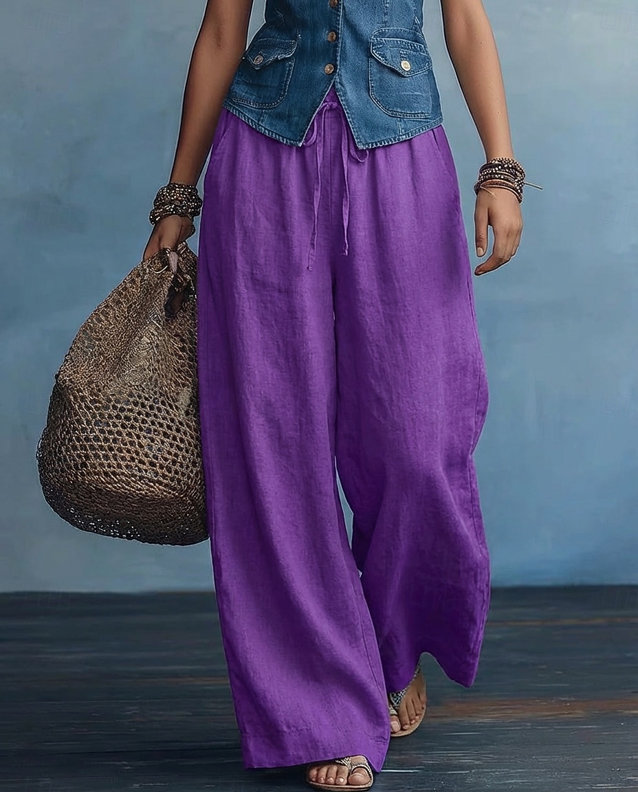 Damen Kunstbaumwollleinen Hose Sommerhose Baggy-Hosen Elegant Urlaub Ethno-Stil Volle Länge Hohe Taille Kordelzug Weites Bein Komfort Unelastisch Täglich Strand Formell Violett Mandelfarben Schwarz 2026 - $21.99 –P4
