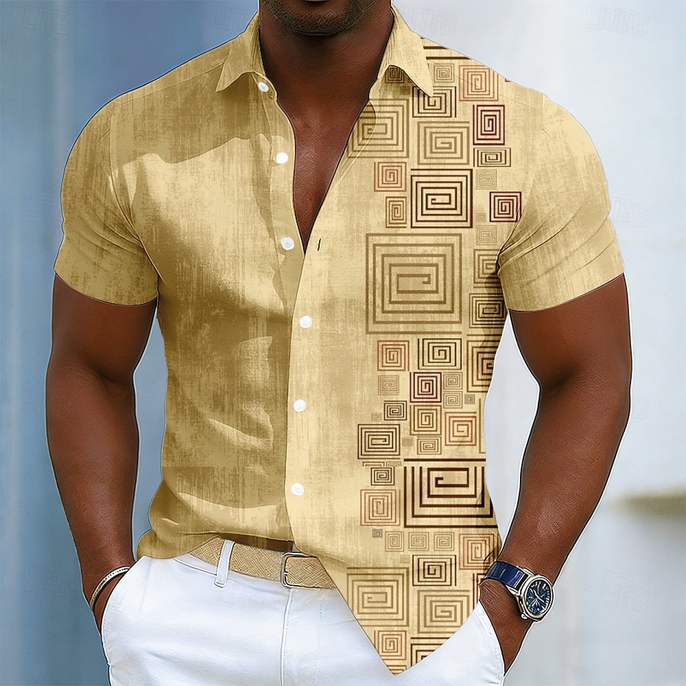 Per uomo Geometrico Etnico Chiave greca Camicia Camicia con Bottoni Manica Corta Moda Casual Quotidiano All'aperto Vacanza Estate Primavera Collo ripiegato Stampa 3D Camicia tipo lino Blu Giallo del 2026 a $25.99 –P2