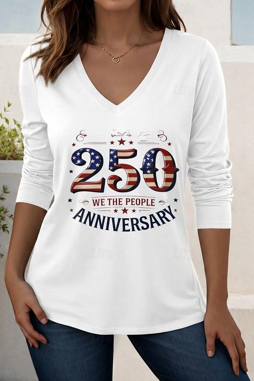 2026年 独立記念日 アメリカの女性用 T シャツ プリント 幾何学的 国旗 エレガント ヴィンテージ スタイリッシュ 長袖 クルーネック V ネック レギュラー トップス デイリー 週末 ブルー ブラック ホワイト レッド 夏 春  コレクション – $24.99 –P1