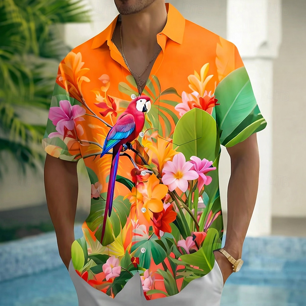 Men's Parrot Tropical Plants Flowers Summer Hawaiian Shirt Button Up Shirt Aloha Shirt Short Sleeve Hawaiian Vacation Summer Spring Turndown 3D Print Collared Shirts Front One Pocket Blue Pink Red 2026 - $25.99 –P2