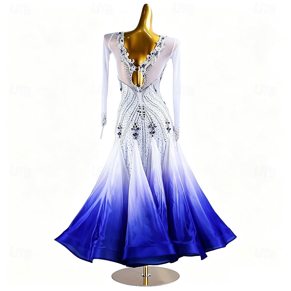 Baile de Salón Vestido Pedrería Plisado Corte Mujer Fiesta Entrenamiento Rendimiento Manga Larga Cintura Alta Licra Poliéster 2026 - $1156.99 –P2