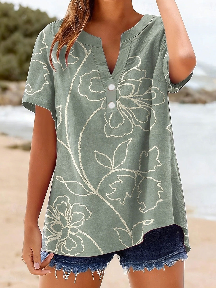 Women's T Shirt Floral Graphic Plants Stylish Classic Short Sleeve V Neck Regular Tops Casual Daily Blue Pink Purple Green Summer Spring 2026 - $27.99 –P2