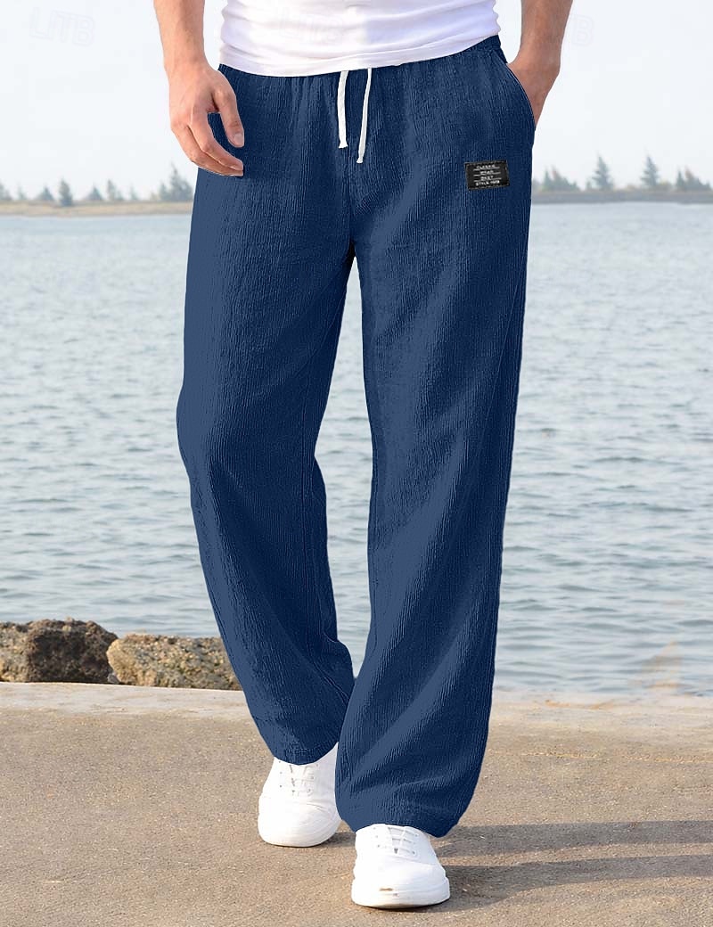 Men's Linen Pants Trousers Summer Pants Baggy Pants Beach Pants Drawstring Elastic Waist Straight Leg Plain Comfort Breathable Full Length Casual Daily Holiday Vacation Fashion Loose Fit Blue White 2026 - $27.99 –P8