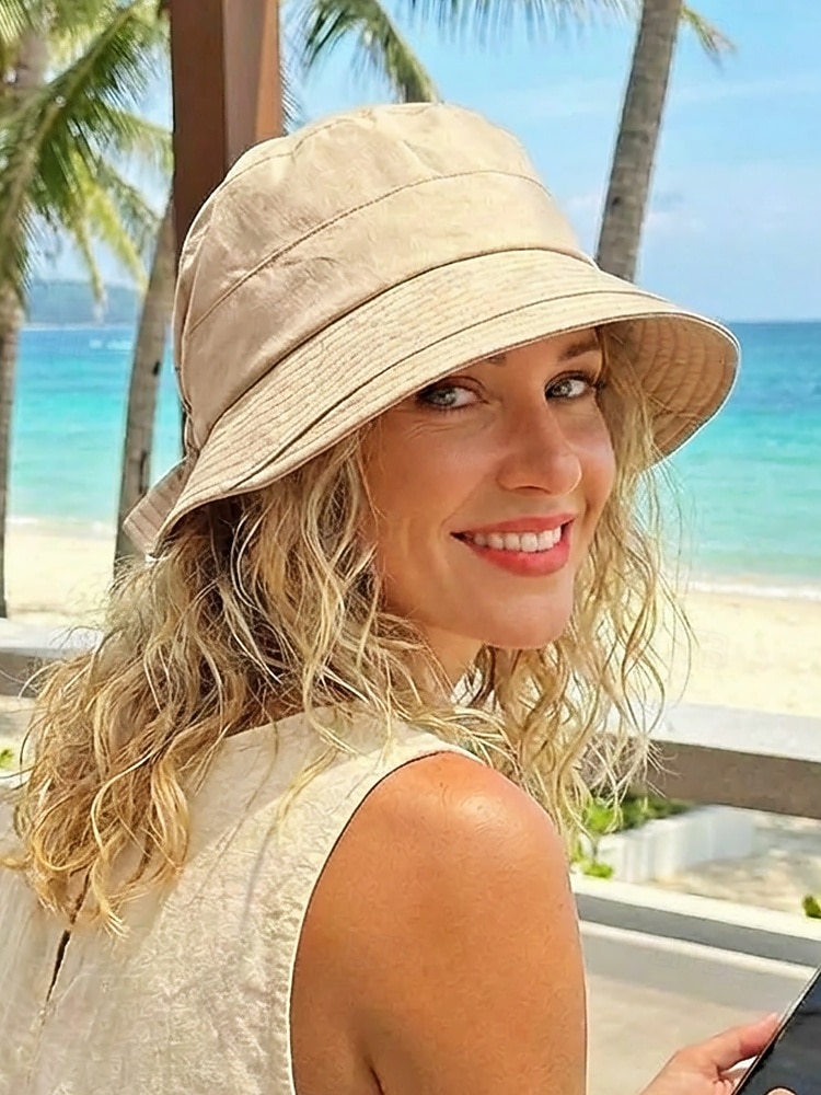 Sombrero de pescador informal de algodón para mujer, sombrero de sol elástico ajustable en varios colores para vacaciones en la playa, uso diario informal, viajes y estilo veraniego al aire libre. 2026 - $14.99 –P1