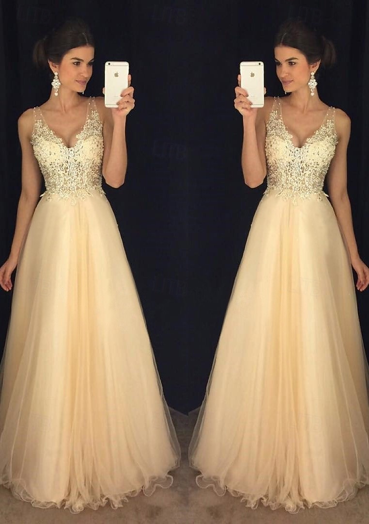 Ligne A Longueur au sol Robes de Bal Éclat & Brillance Dos Nu Sans manches Col en V Bal de promo Formel Tulle Dos en V avec Perlage Appliques de 2026 ? $201.29 –P5