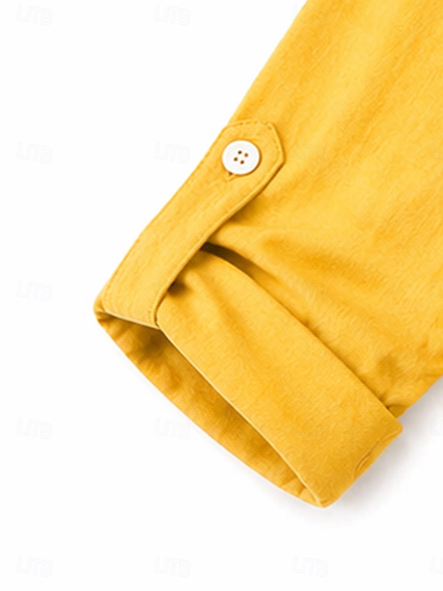 2026年 女性用 コットンリネンシャツ 夏のトップス ブラウス ドレッシーなトップス フリル パッチワーク ポケット 純色 平織り エレガント ヴィンテージ レディース 七分袖 Ｖネック シャツカラー ロングトップス カジュアル 日常 ワーク ブルー イエロー パープル グリーン カーキ色 夏 春  コレクション – $27.99 –P6