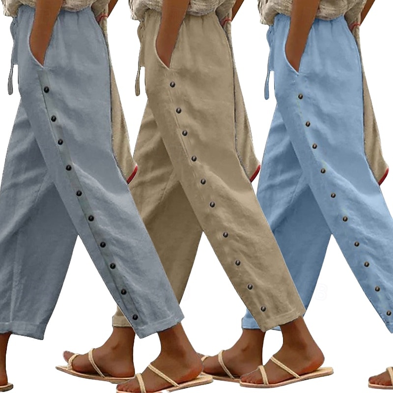 3er-Pack Damenhosen, Sommerhosen, Freizeithosen, Urlaubshosen, Basic-Hosen, knöchellang, natürliches, schlichtes Design, Seitentaschen, seitliche Knöpfe, bequem, atmungsaktiv, nicht elastisch, ideal für Wochenendausflüge 2026 - $65.99 –P5