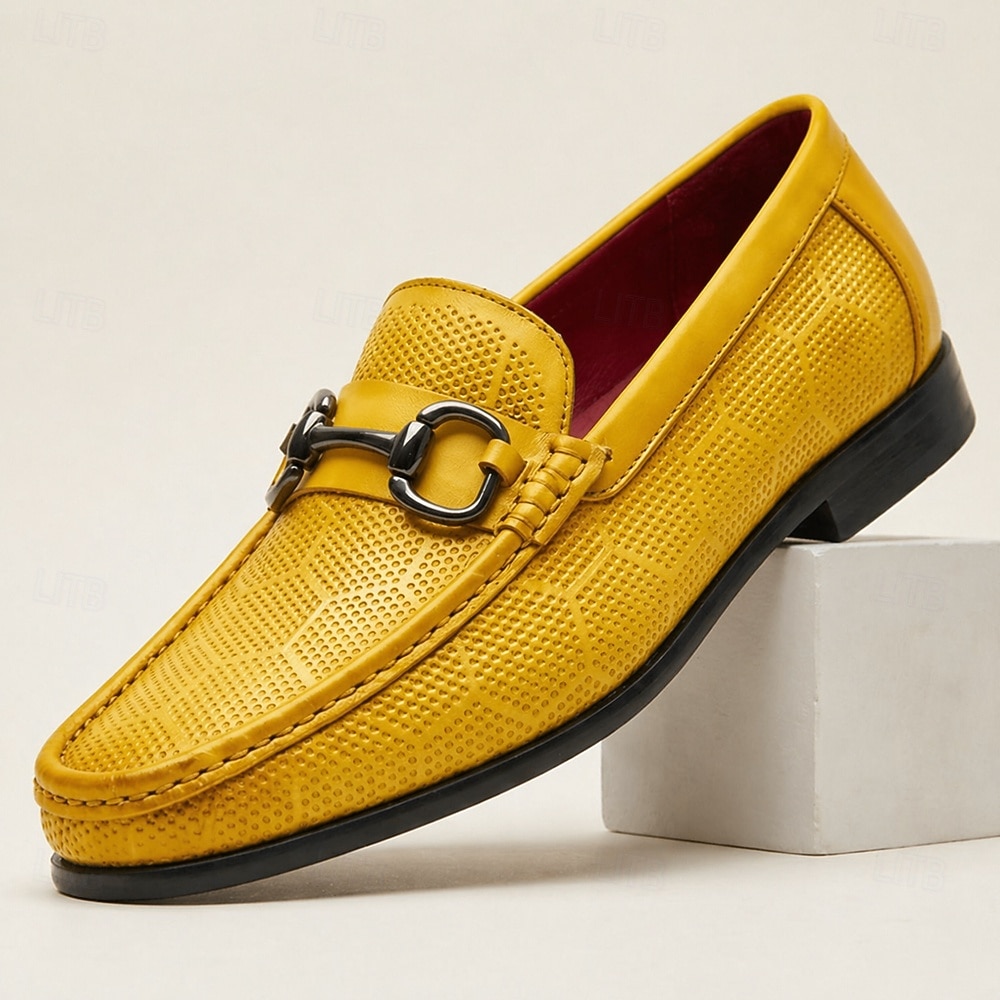 Mocassins masculinos de couro amarelo com fivela de metal, couro bovino de alta qualidade, sapatos sociais elegantes e casuais para homens, ideais para o escritório, eventos sociais e momentos de lazer. de 2026 por $94.99 –P3