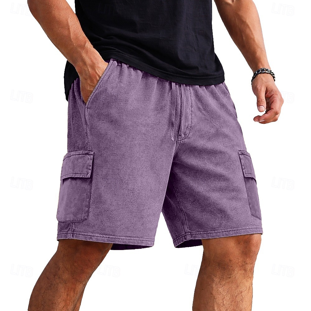 Shorts cargo pour homme SoftFade™ Shorts 100 % coton Shorts délavés avec poches Taille élastique Unie Lavée Confortable Respirant Longueur genoux Décontracté Extérieur Plage Vacances Mode Noir Marine de 2026 ? $31.99 –P3