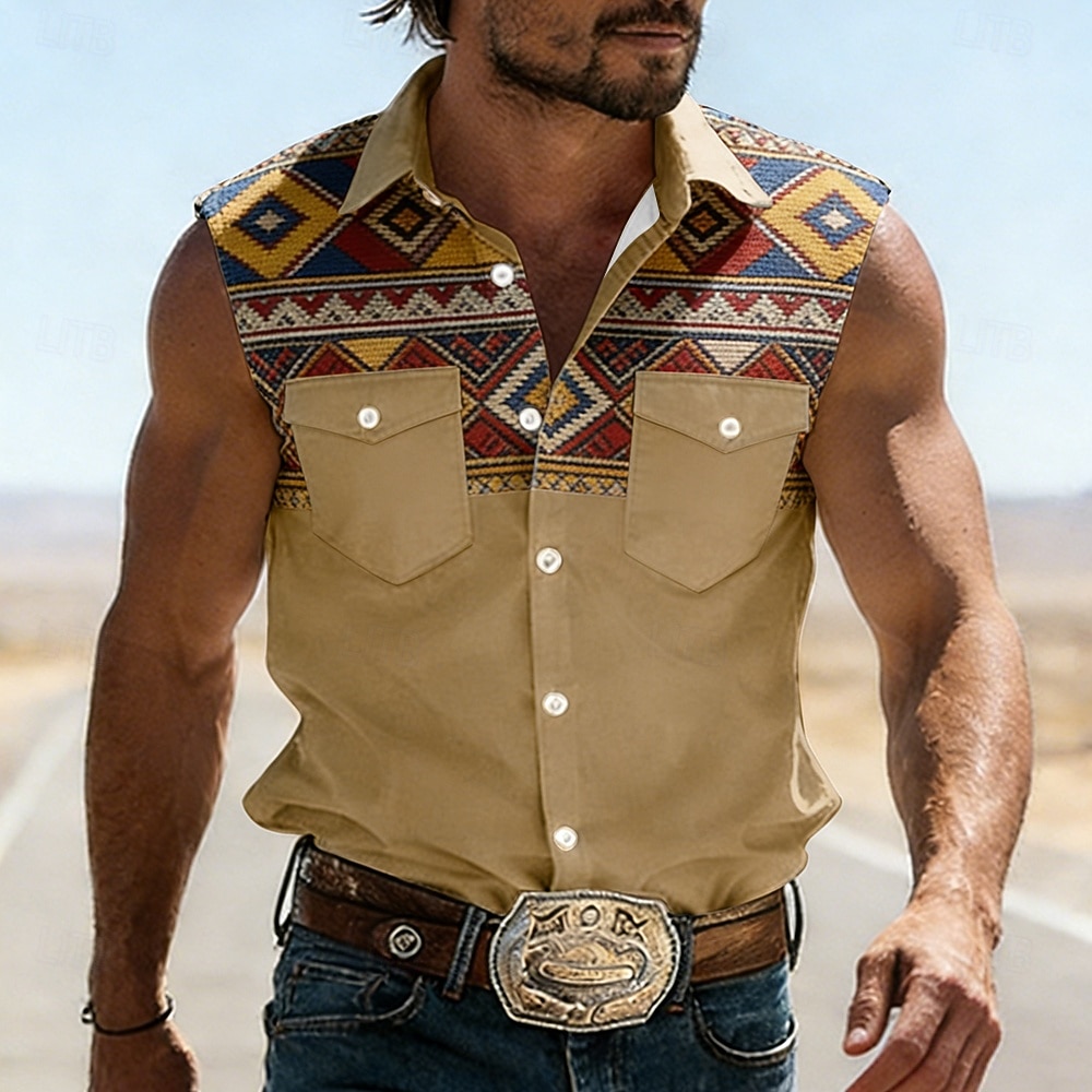 Men's Geometric Pattern Ethnic Western Shirt Cowboy Shirt Sleeveless Shirt Sleeveless Western Style Vintage Retro Outdoor Work Causal Summer Spring Turndown 3D Print Work Shirts Blue Army Green Brown 2026 - $25.99 –P3