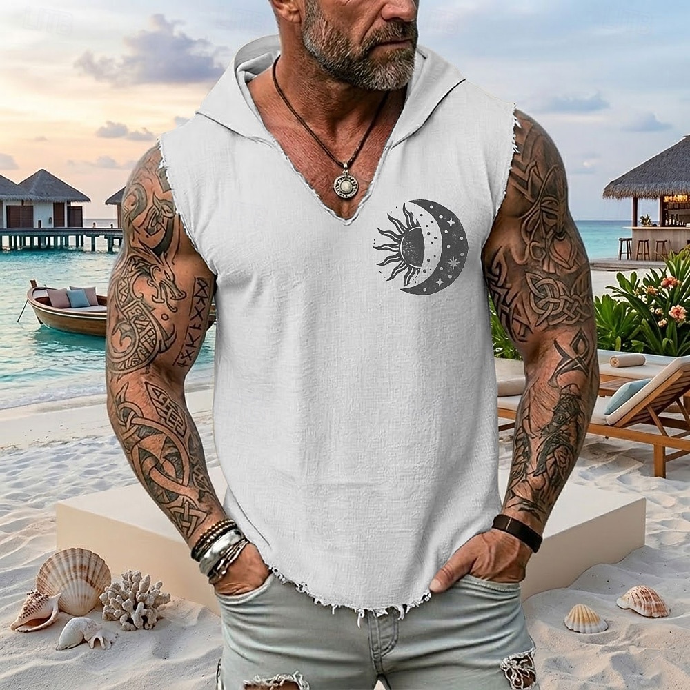 Gilet con cappuccio senza maniche da uomo con stampa "sole luna e eclissi celeste" stile boho mistico vintage costiero, orlo sfrangiato, vestibilità ampia, ideale per l'estate, la spiaggia e le del 2026 a $19.99 –P3
