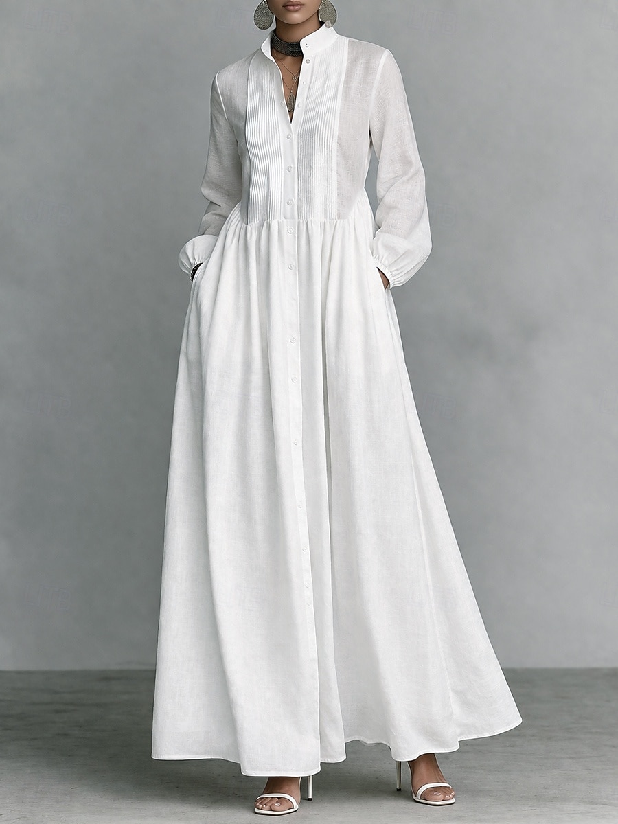 Жен. Длинное платье Платье-рубашка Белое платье Платье на выпускной Элегантный стиль Мода Современное на открытом воздухе Отпуск На выход Стандартный Полотняное плетение Длинный рукав Вырез под горло 2026 - NZ $76.09 –P1