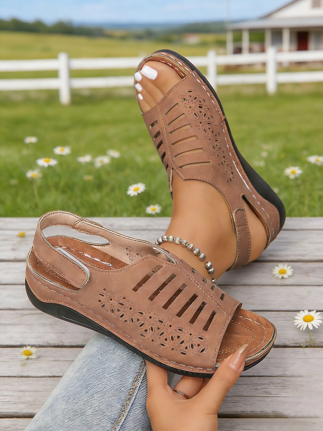 Women's Green Cut-Out Wedge Sandals – Breathable Faux Leather Upper, Supportive Heel Design for Walking, Outdoor Activities, Travel and Everyday Use 2026 - $19.99 –P5