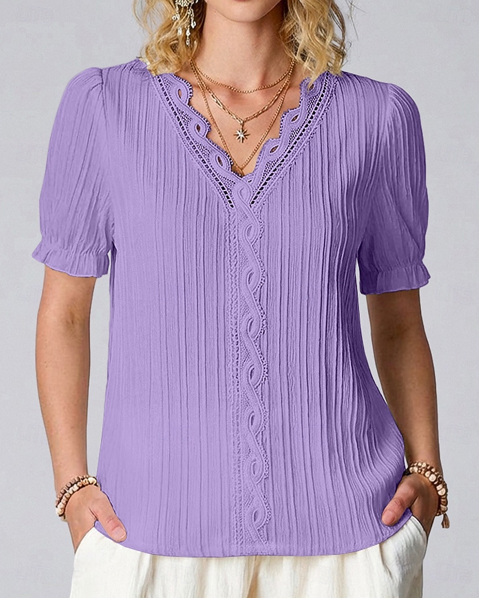 Women's T Shirt Lace Splicing Top Tee Top Lace Patchwork Plain Fashion Stylish Classic Short Sleeve V Neck Regular Tops Daily Going out Weekend Black White Yellow Purple Fuchsia Summer Spring 2026 - $17.49 –P5