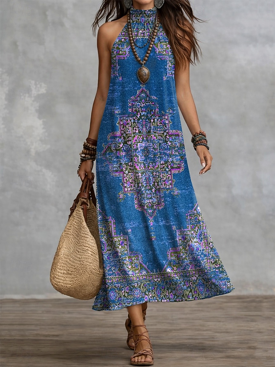Dam Maxiklänning Vardagsklänning Boho Chic klänningar bohemliv Semester Tropisk Strand Helgdag Datum Normal Grafisk Geometrisk Ärmlös Halterneck Vit Sommar Vår 2026 - $39.99 –P3