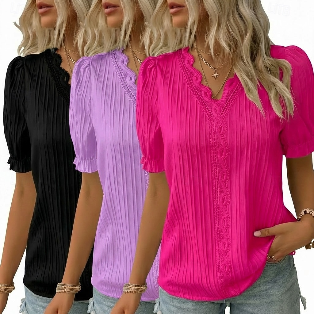 pachete multiple 3 buc bluză texturată pentru femei tricou top dantelă patchwork simplu modă elegant clasic mânecă scurtă decolteu în V topuri obișnuite casual zilnic plajă alb+fucsia+galben 2026 - $38.99 –P5