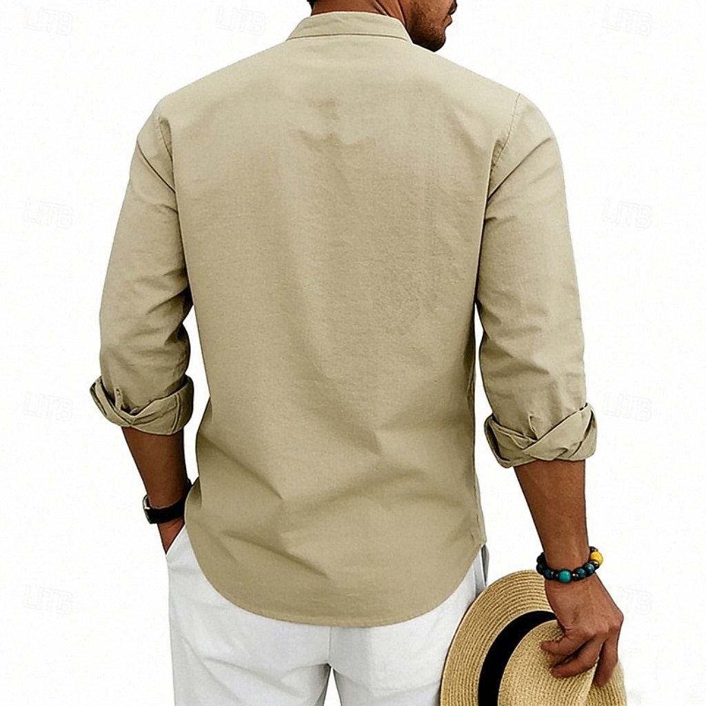 Men's Shirt Linen Shirt Popover Shirt Summer Shirt Beach Shirt Geometric Casual Vacation Black White Pink Navy Blue Long Sleeve Stand Collar Summer Spring Clothing Apparel Buttons 2026 - $25.99 –P7