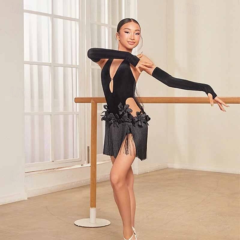Junior Latin Dance Costume - Black Fringe Dress with Halter Neck, 3D Flowers & Mesh Sleeves for Performance 2026 - $220.49 –P6