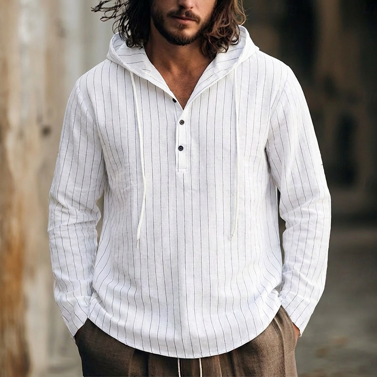 Homme Chemise Chemise en lin Chemise d'été Tenue de plage Chemise à capuche Chemises à rayures Bandes verticales Occasionnel Vacances Noir Blanche bleu marine Vert manche longue Sweat à Capuche Ét de 2026 ? $26.99 –P1