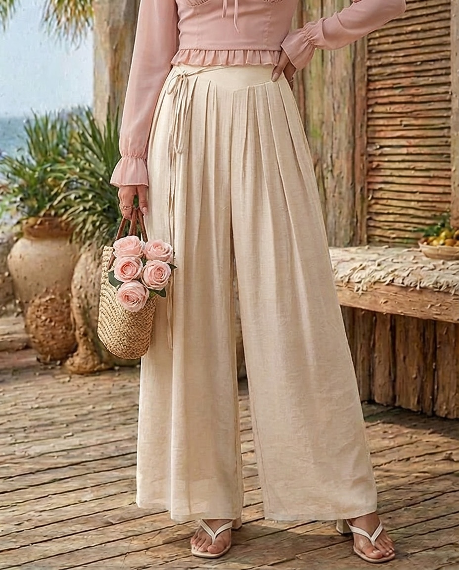Pentru femei Pantaloni cu aspect de in Picior Larg chinez Vacanță De Bază Lungime totală Talie Înaltă Simplu Cordon Respirabil Inelastic Vacanță Stradă Casual Gri Negru Roz Îmbujorat Kaki Var 2026 - $41.99 –P6
