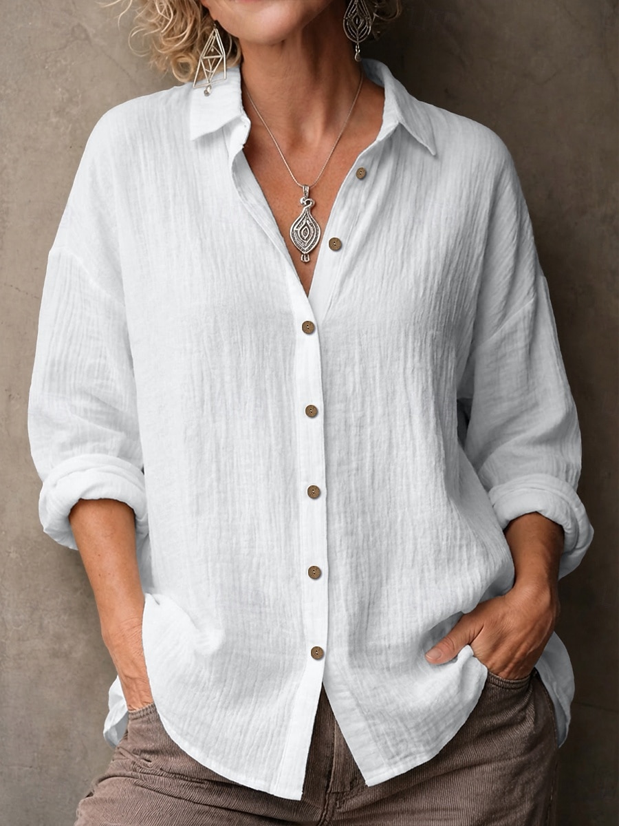 2026年 女性用 シャツ ブラウス フェイクリネンシャツ 純色 ベーシック カジュアル 長袖 ラペル レギュラートップス カジュアル 日常 ブルー ブラック ホワイト イエロー ピンク 夏 春  コレクション – ₪71 –P3