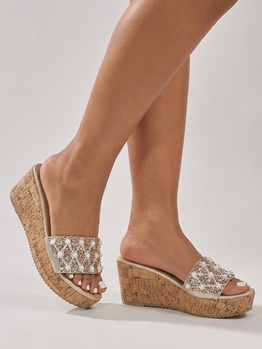 Sandales compensées élégantes pour femmes, ornées de fausses perles noires, idéales pour les croisières et les soirées sur le pont. &vêtements de villégiature de luxe de 2026 ? $32.99 –P4