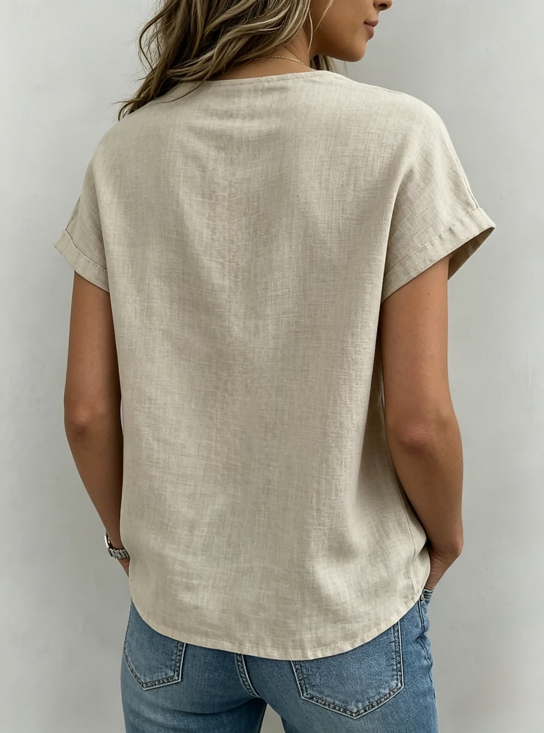 dame t-skjorte med linfølelse ensfarget klassisk avslappet korte ermer rund hals vanlig topper avslappet daglig helg svart gul rød khaki sommer vår 2026 - $25.99 –P2