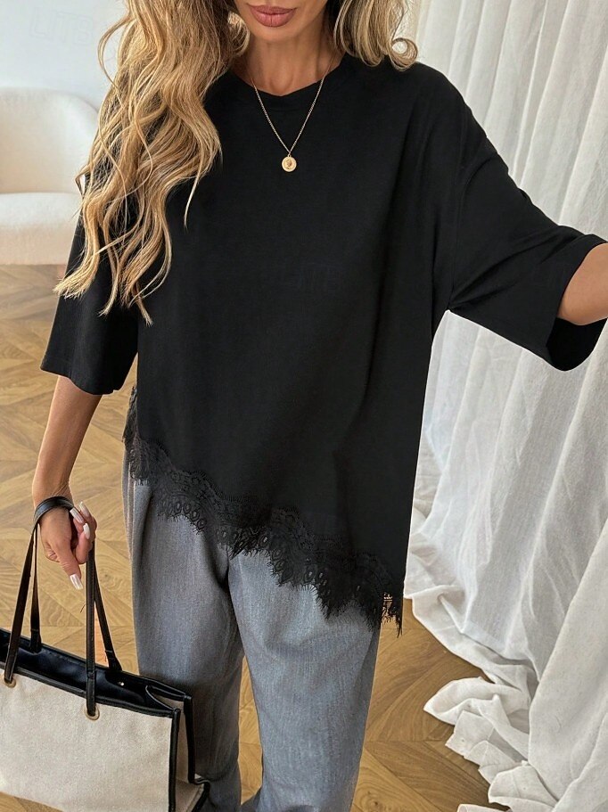 Γυναικεία Κομψή Χιτώνας Μπλουζάκι Ασύμμετρο στρίφωμα Σκέτο Κομψό Βοημία Κοντομάνικο Στρογγυλή Ψηλή Λαιμόκοψη Μακριές μπλούζες Causal Μαύρο Λευκό Καλοκαίρι Άνοιξη 2026 - $22.99 –P10